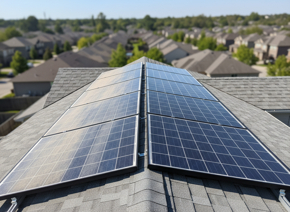 A row of gleaming blue-black solar panels mounted neatly on a residential rooftop, each glass surface half-covered in a fine layer of dust on one side and perfectly clean and reflective on the other, clearly showing the before-and-after effect of professional washing. The house roof tiles are a muted gray, with a distant landscape of tidy suburban homes softly blurred in the background. Bright, clear midday sunlight creates crisp reflections in the cleaned panels and gentle shadows along the aluminum frames. Photographic realism, shot from a slightly elevated angle with sharp focus on the panels, conveying a professional, trustworthy, and meticulously clean atmosphere suitable for a solar panel cleaning business.